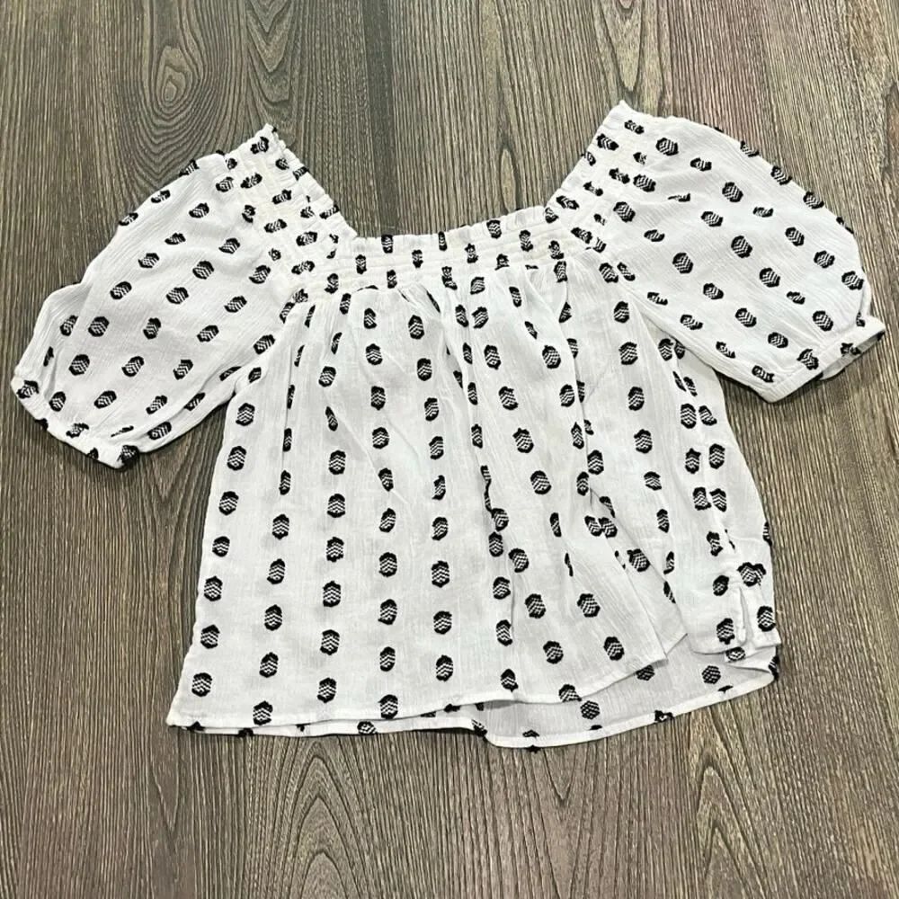 LOFT Womens Smocked Peasant Top Embroidered Square Neck White Black Size XS